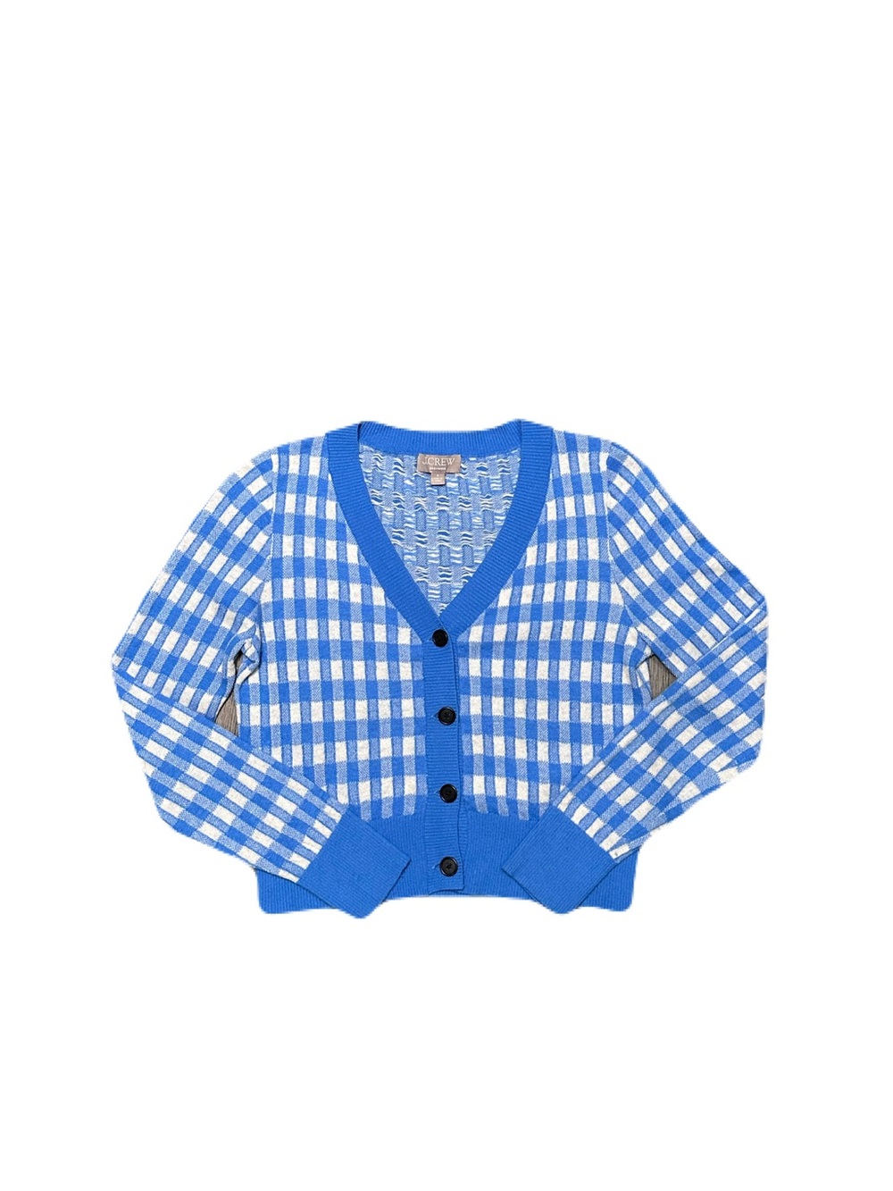 J.Crew Cashmere Crop V-neck Cardigan Sweater in Sail Blue Snow Gingham Small